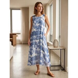 Bellambra Italy Silk Blend Tie Dye Midi Dress Blue White Sleeveless Pockets M
